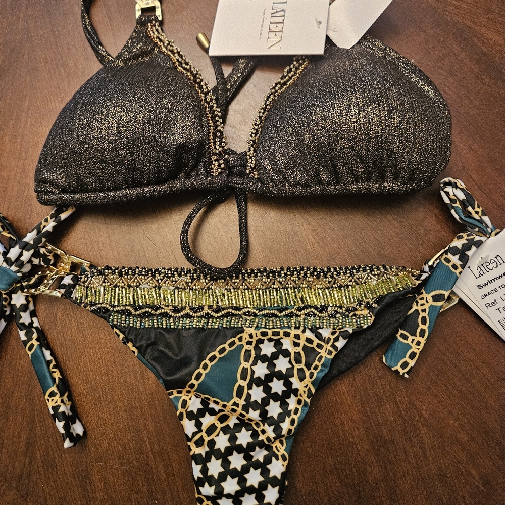Metallic Black & Teal Beaded Women's Bikini Set Medium Nwts